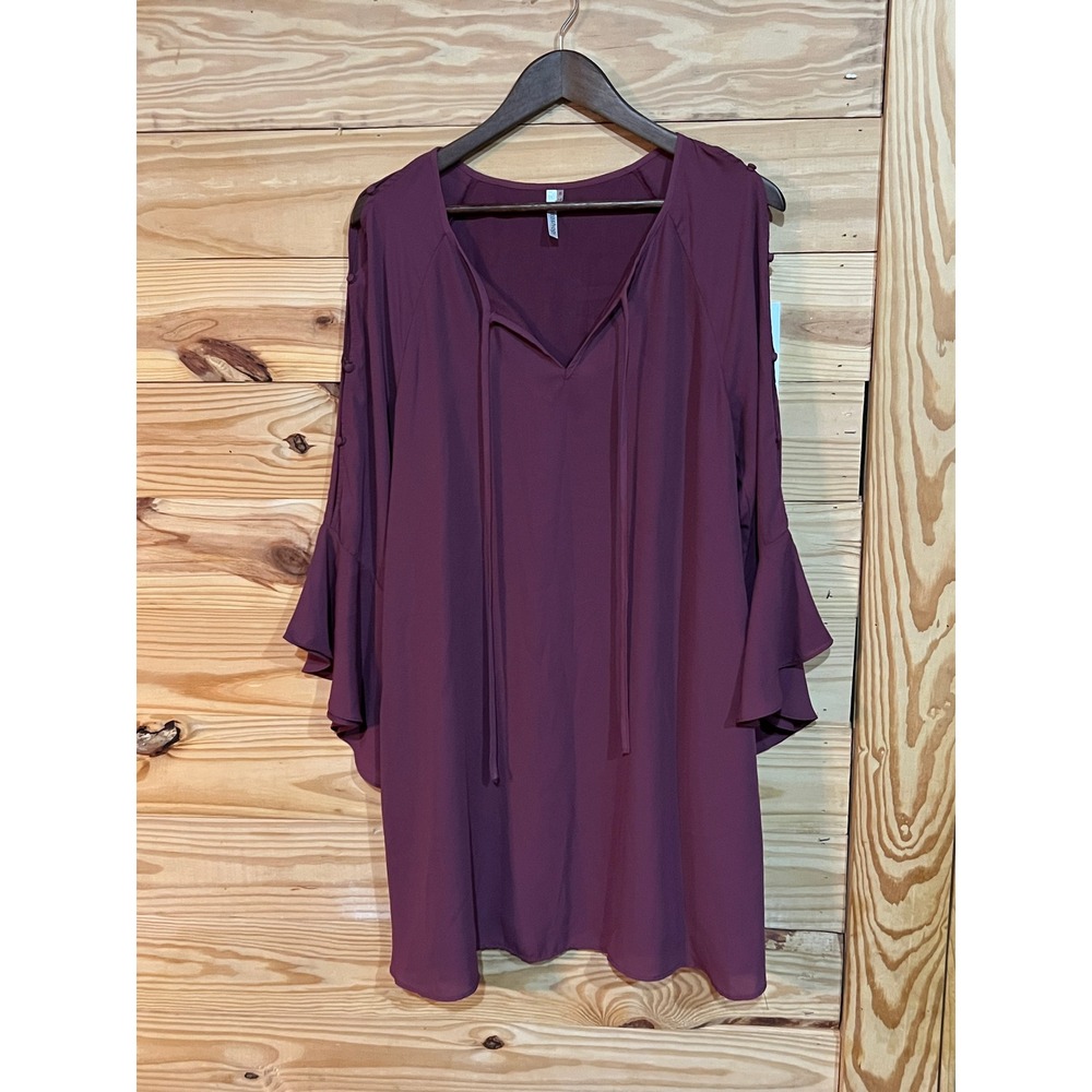 Mittoshop Women M Plum Purple Open Slit Bell Sleeve Tie Front Mini Shift Dress